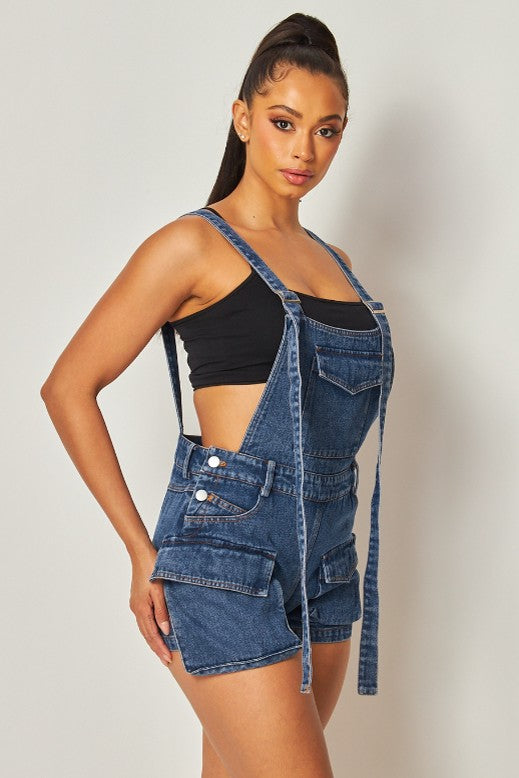 Front Patch Pockets Fashion Denim Short Overalls