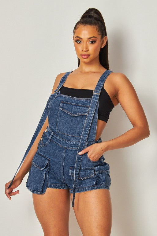 Front Patch Pockets Fashion Denim Short Overalls