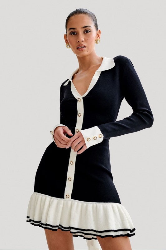 Front Button Look Long Sleeve Sweater Dress