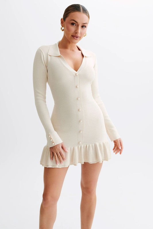 Front Button Look Long Sleeve Sweater Dress