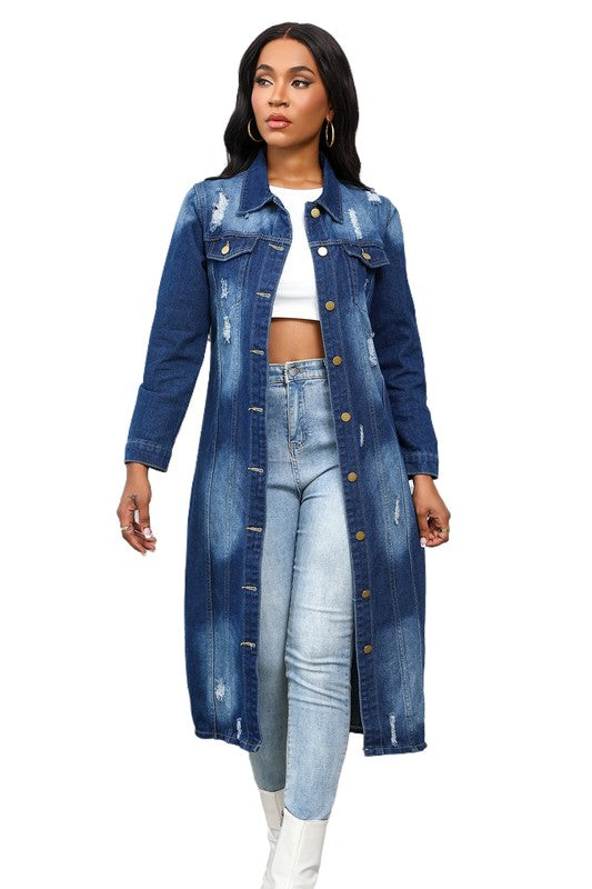 Retro Longline Button Up Maxi Denim Jacket