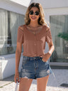 Ivy Lane Decorative Button Round Neck Cold Shoulder T-Shirt