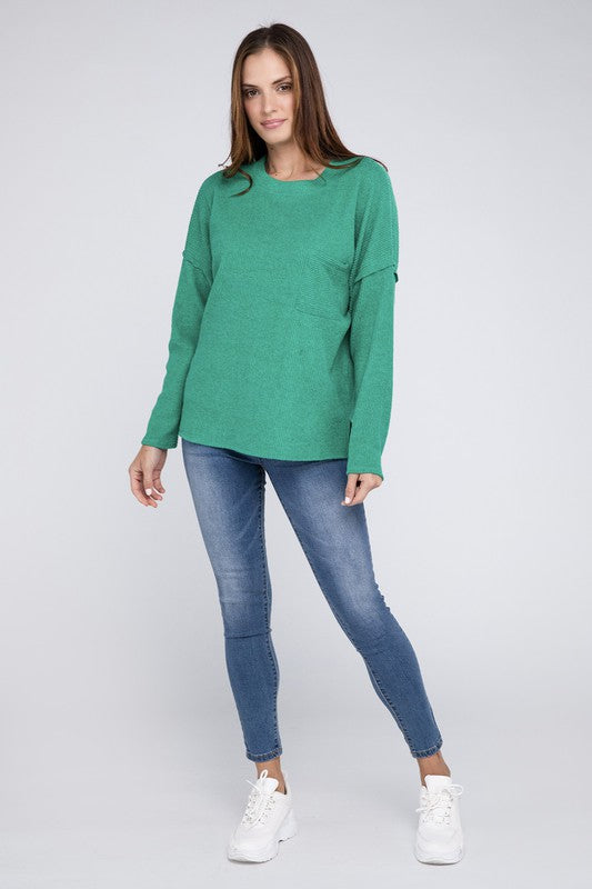 Ribbed Brushed Melange Hacci Sweater with a Pocket king-general-store-5710.myshopify.com
