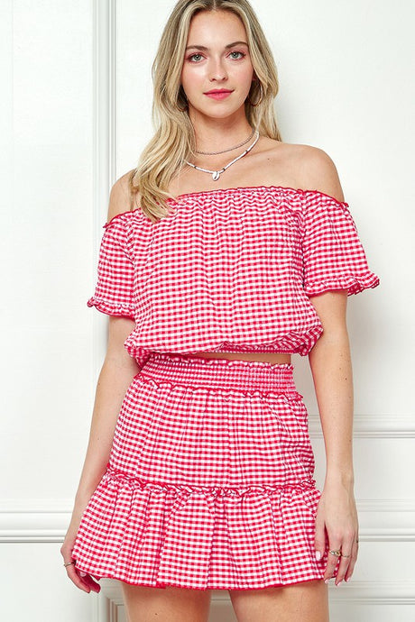 GINGHAM SEERSUCKER TOP AND SKIRT SET