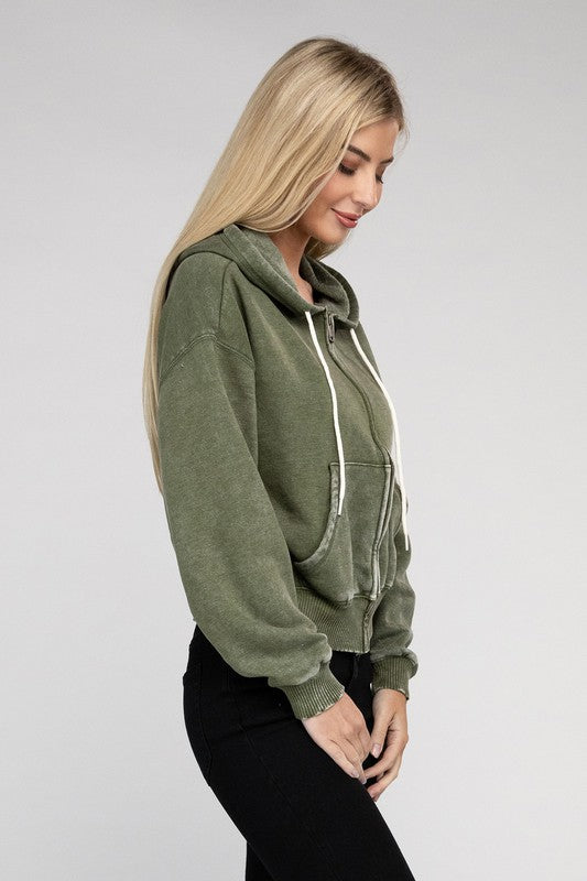 Acid Wash Fleece Cropped Zip-Up Hoodie king-general-store-5710.myshopify.com