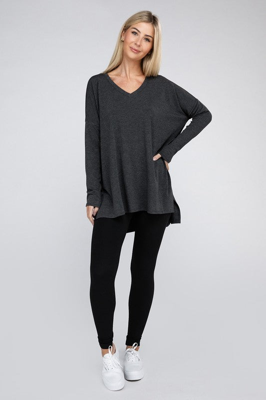 Dolman Long Sleeve V-Neck Side Slit Hi-Low Hem Top king-general-store-5710.myshopify.com