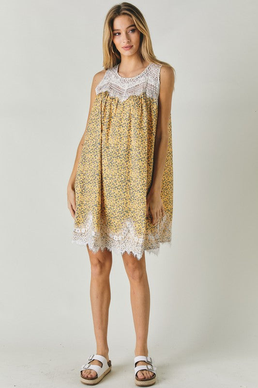 Printed Sleeveless Lace Trim Mini Dress king-general-store-5710.myshopify.com