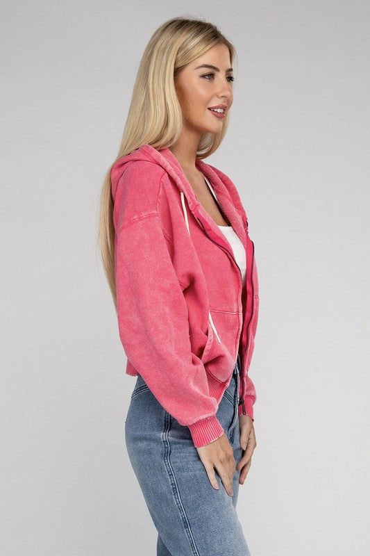 Acid Wash Fleece Cropped Zip-Up Hoodie king-general-store-5710.myshopify.com