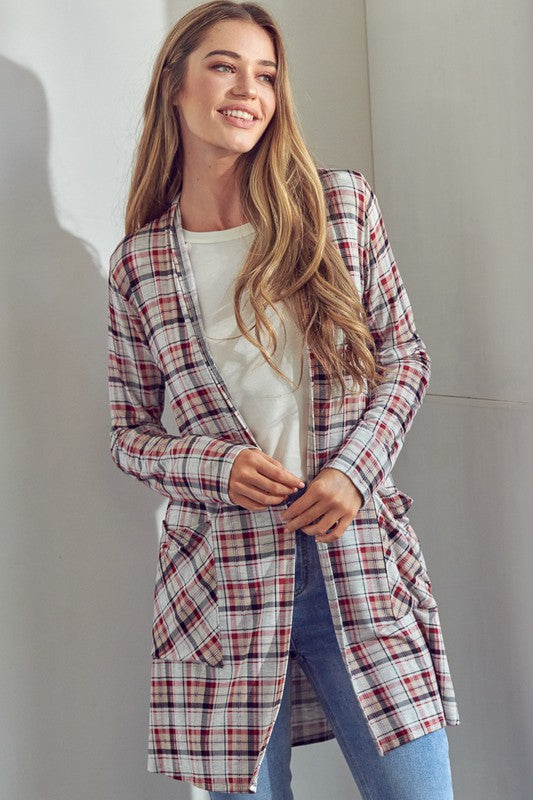 Plaid Long Sleeve Side Pockets Cardigan