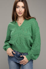 Green Hole-Knit Collared Sweater