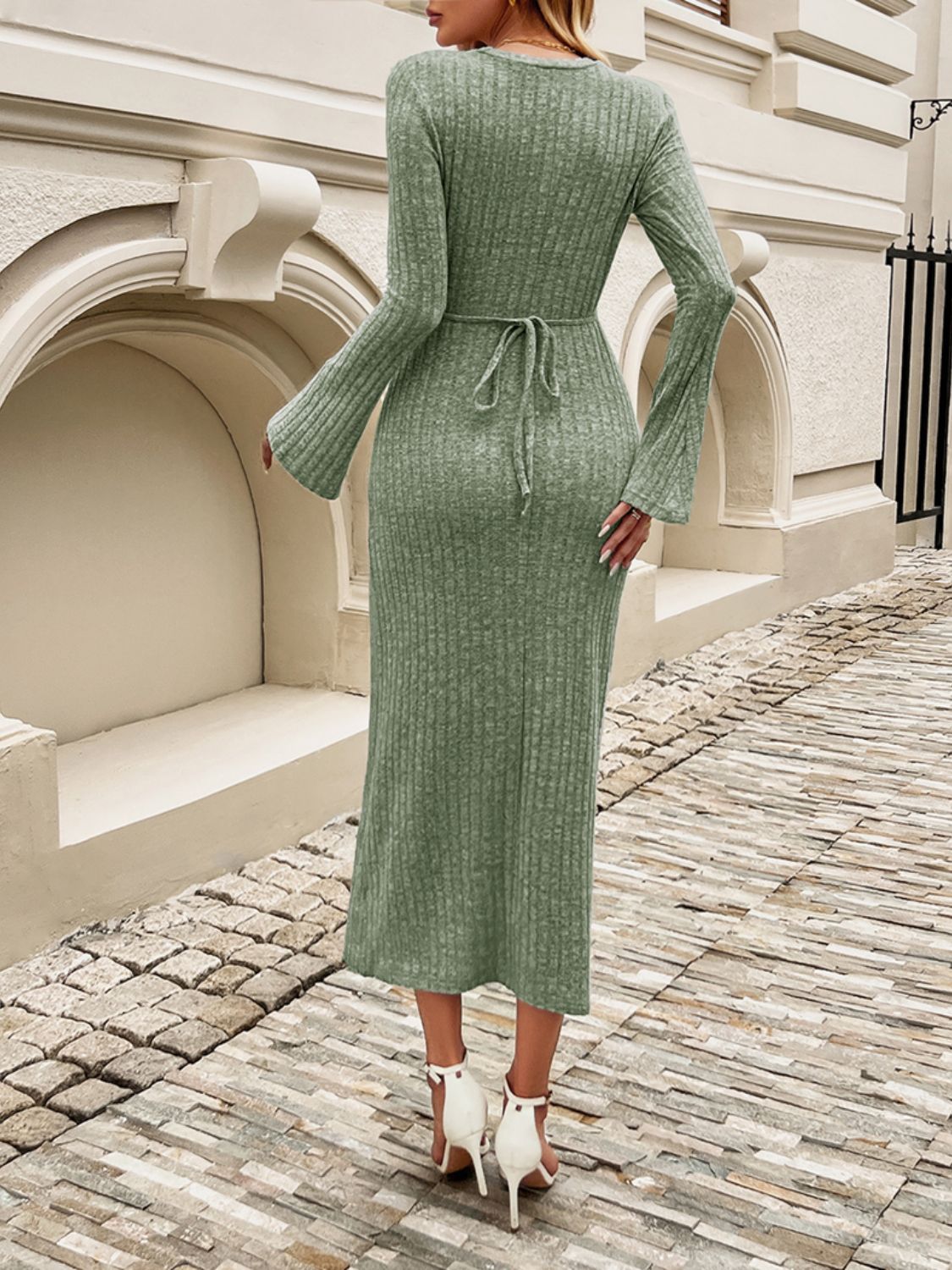 Devine Tied Round Neck Long Sleeve Midi Dress