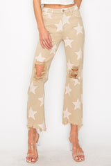 RISEN Full Size High Rise Star Printed Frayed Hem Jeans