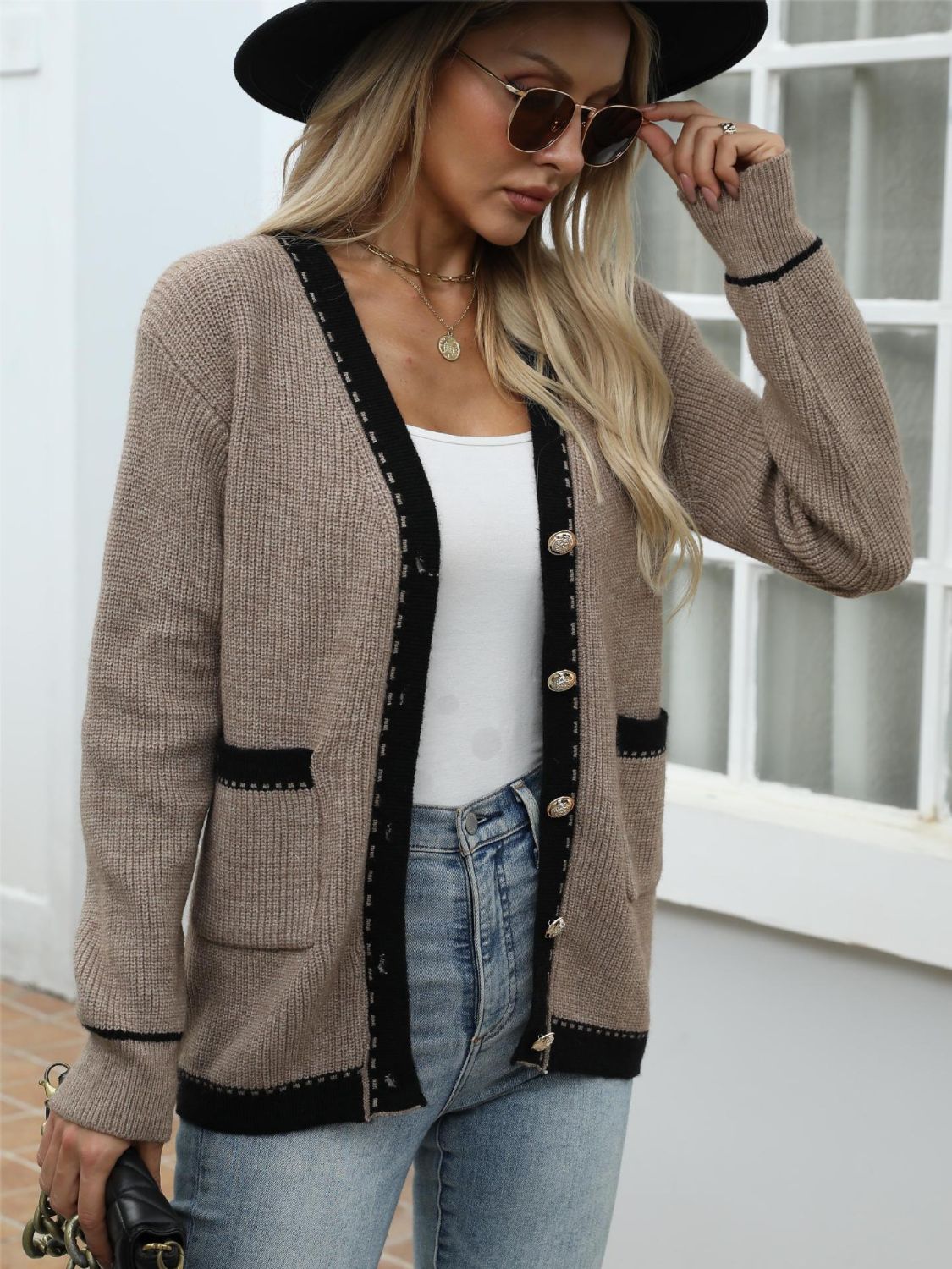 Contrast Trim Button Up Long Sleeve Cardigan