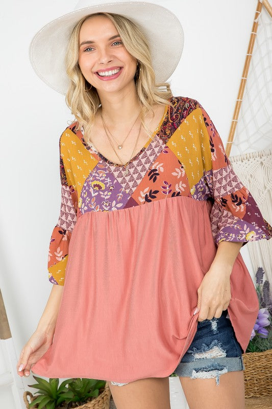 PATCH PATTERN MIXED BABYDOLL TOP