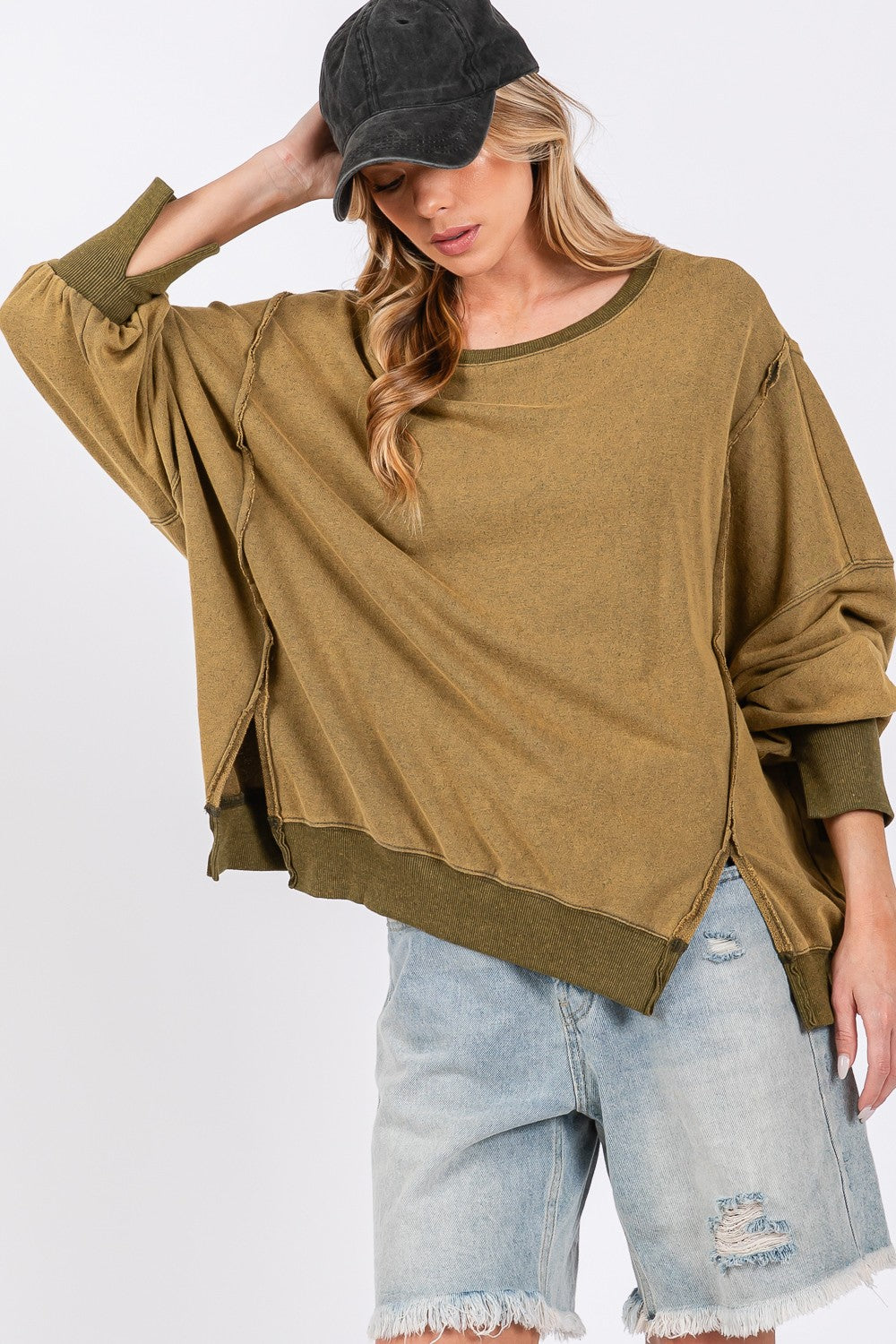 SAGE + FIG Mineral Wash Side Slit Oversized Sweatshirt