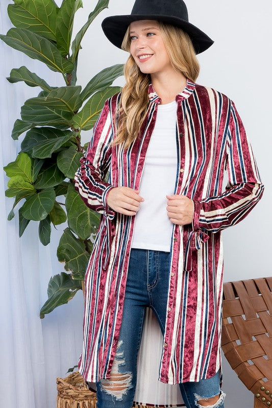 STRIPE VELVET LONG CARDIGAN