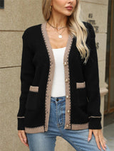 Contrast Trim Button Up Long Sleeve Cardigan