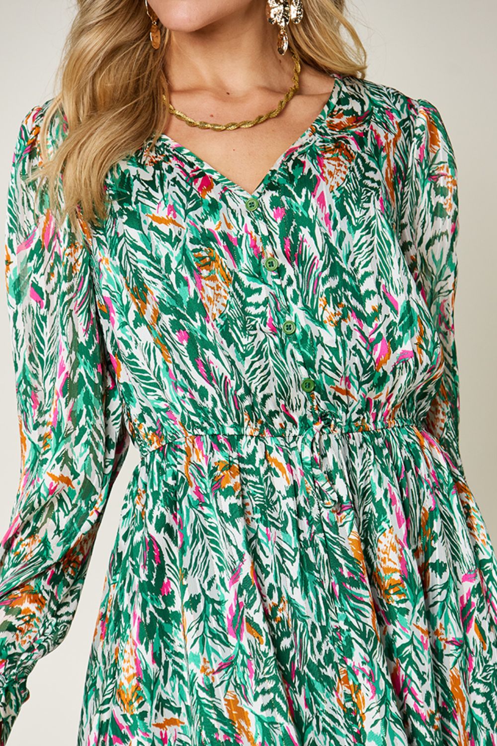 Double Take Full Size Printed Drawstring Waist Long Sleeve Dress