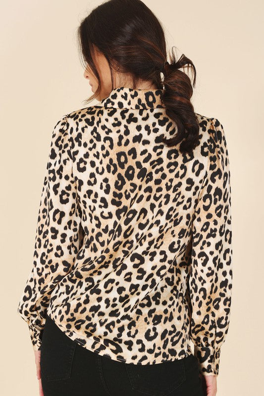 Long Sleeve Satin Leopard Blouse