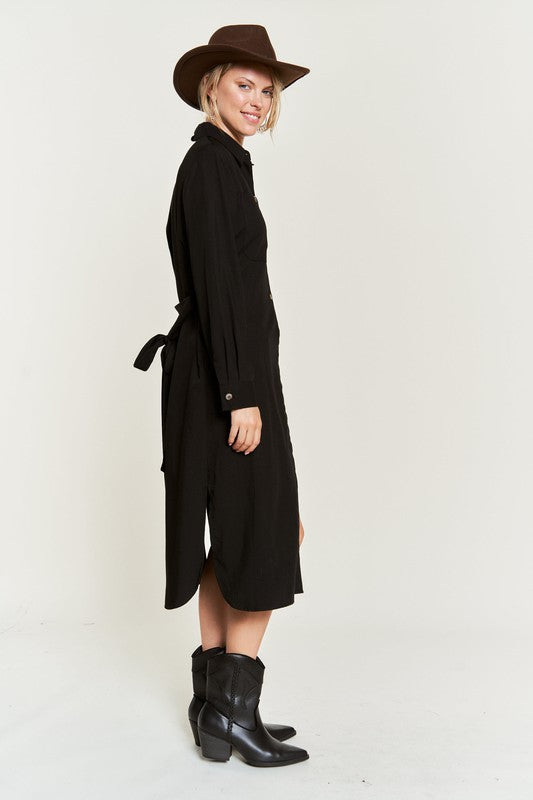 SOLID BUTTON DOWN BELTED LONG DRESS 30-545 king-general-store-5710.myshopify.com