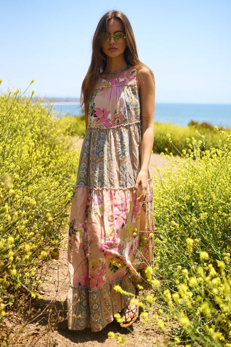 Floral Boho Stripe Mixed Full Skirt Maxi Dress