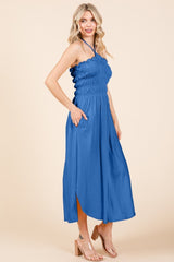 Blue Culture Code Tie Back Shirring Dress with Pockets