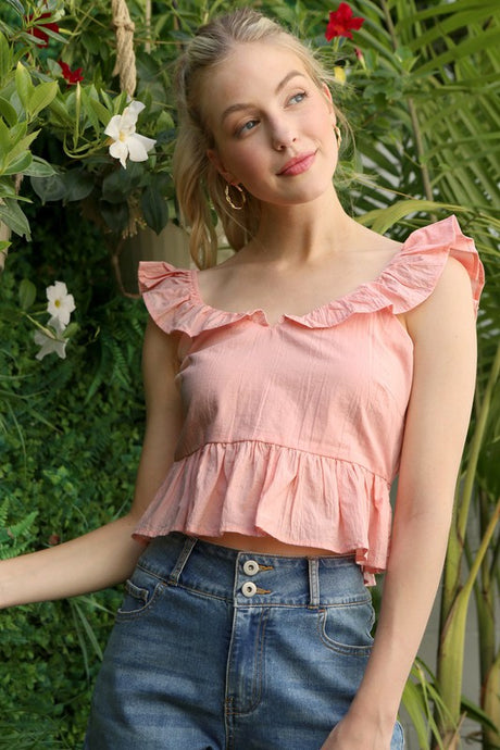 Pink Open Back Tie Peplum Top with Ruffle Trim king-general-store-5710.myshopify.com