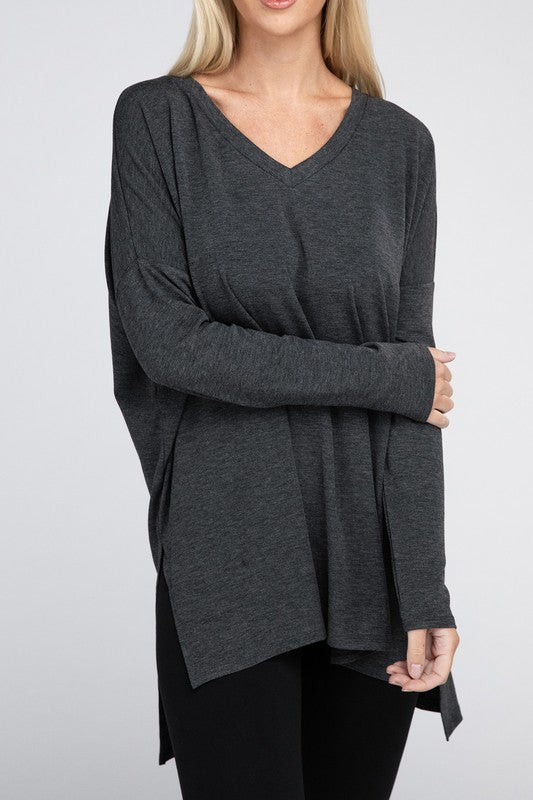 Dolman Long Sleeve V-Neck Side Slit Hi-Low Hem Top king-general-store-5710.myshopify.com