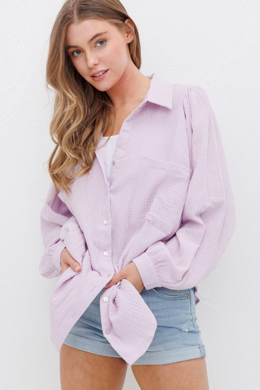 Textured Gauze Button Down Puff Sleeves Blouse Top Shirt