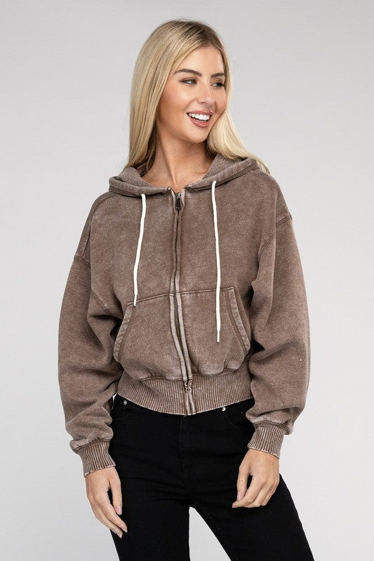 Acid Wash Fleece Cropped Zip-Up Hoodie king-general-store-5710.myshopify.com