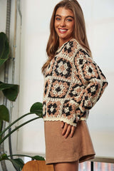 Crochet Patchwork Round Neck Pullover Sweater Top king-general-store-5710.myshopify.com