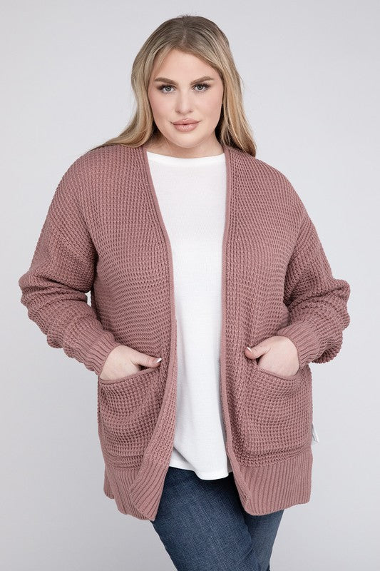 Plus Low Gauge Waffle Open Cardigan Sweater king-general-store-5710.myshopify.com