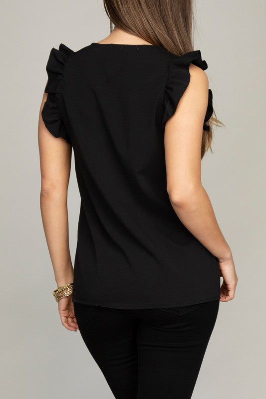 V-Neck Ruffle Sleeveless Tee Shirt