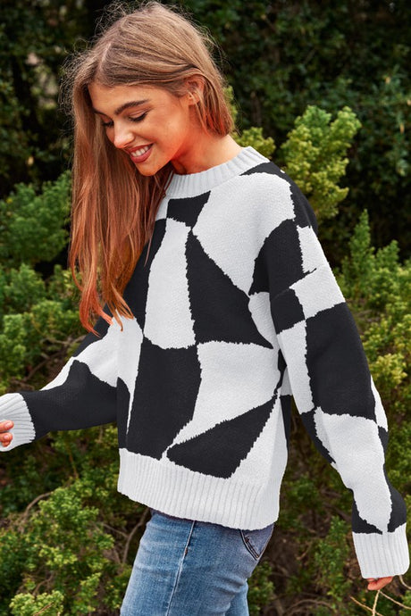 Multi Geo Checker Pullover Knit Sweater Top king-general-store-5710.myshopify.com