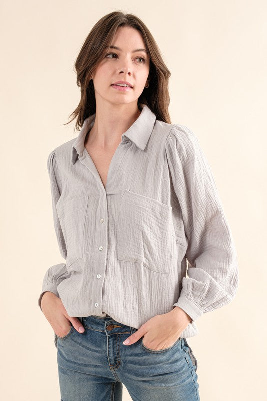 Textured Gauze Button Down Puff Sleeves Blouse Top Shirt