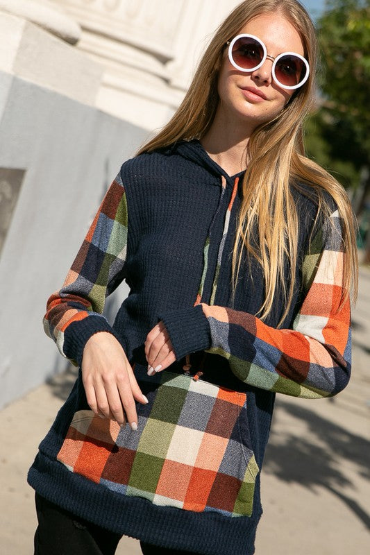 PLAID MIXED HOODIE SWEATSHIRT