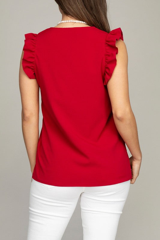 V-Neck Ruffle Sleeveless Tee Shirt