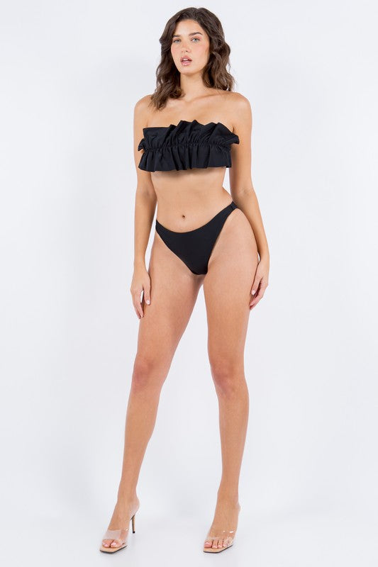 Two Piece Tube Top with Ruched Ruffle Bikini