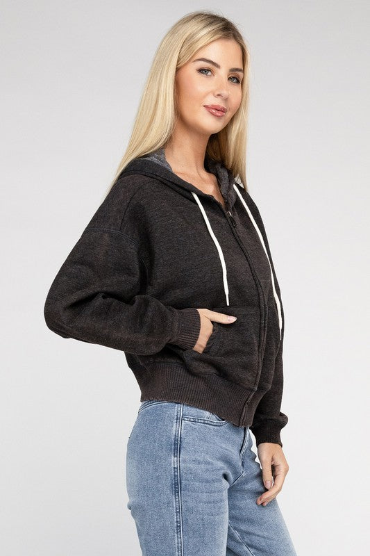 Acid Wash Fleece Cropped Zip-Up Hoodie king-general-store-5710.myshopify.com