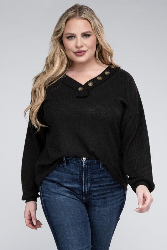 Plus Brushed Waffle V-Neck Button Detail Sweater king-general-store-5710.myshopify.com