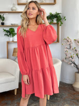 Double Take Full Size V-Neck Balloon Sleeve Tiered Dress