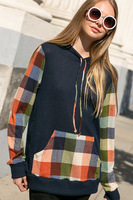 PLAID MIXED HOODIE SWEATSHIRT