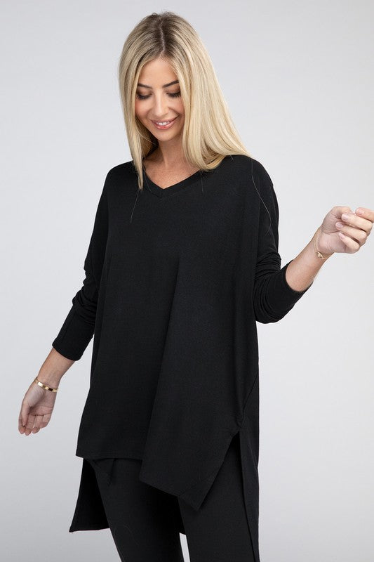 Dolman Long Sleeve V-Neck Side Slit Hi-Low Hem Top king-general-store-5710.myshopify.com