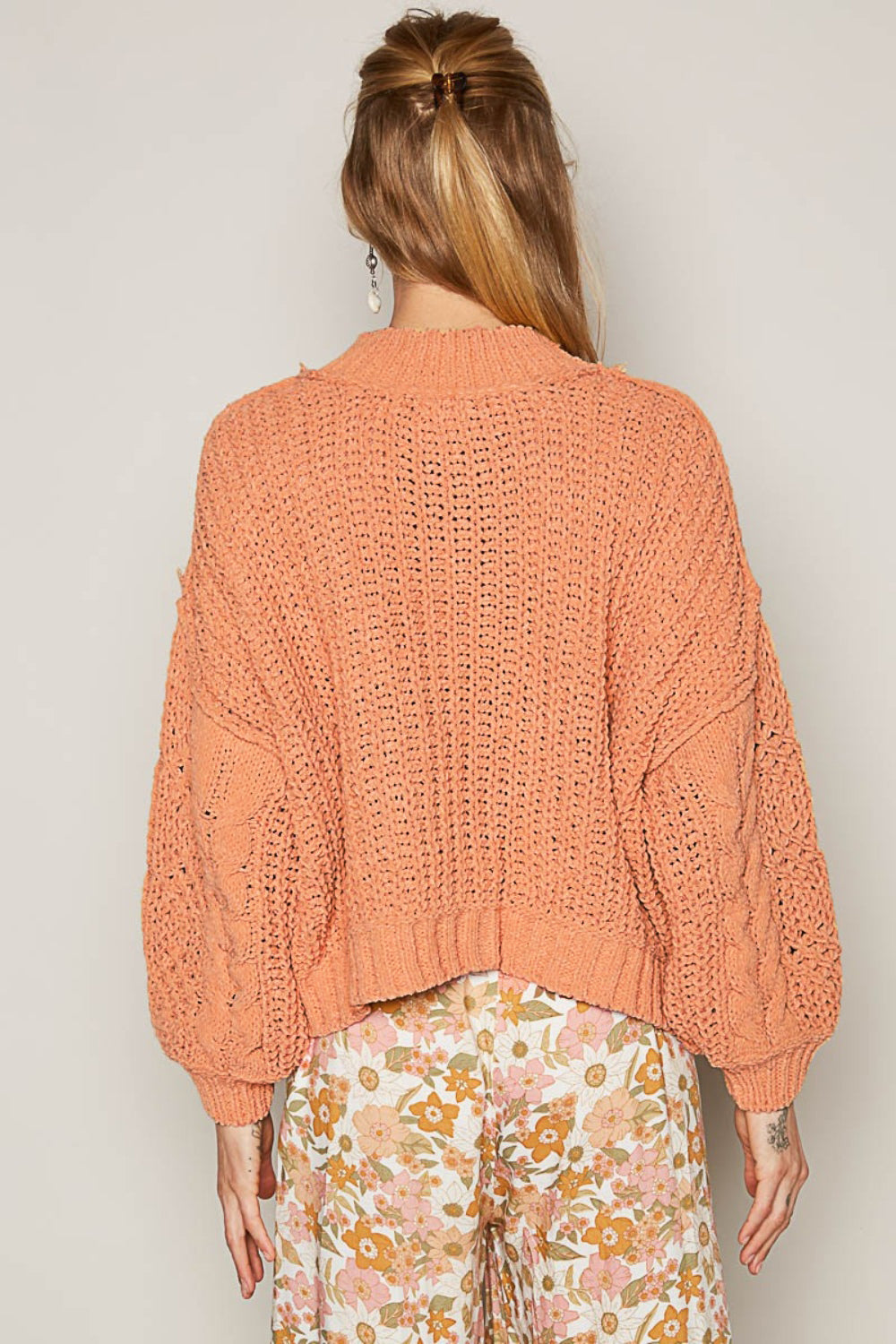 Coral Tangerine POL Mock Neck Cable Knit Sweater