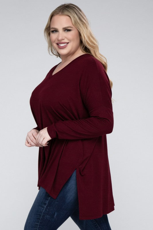 Plus Dolman Sleeve V-Neck Side Slit Hi-Low Hem Top king-general-store-5710.myshopify.com