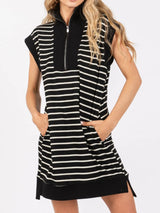 Full Size Pocketed Striped Quarter Zip Cap Sleeve Dress