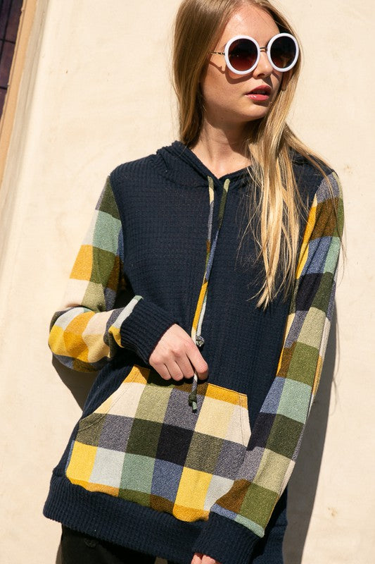 PLAID MIXED HOODIE SWEATSHIRT