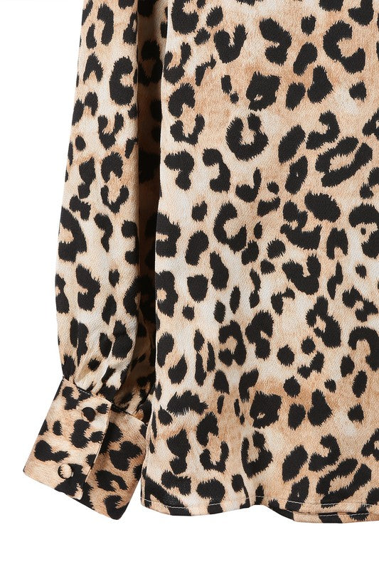 Long Sleeve Satin Leopard Blouse