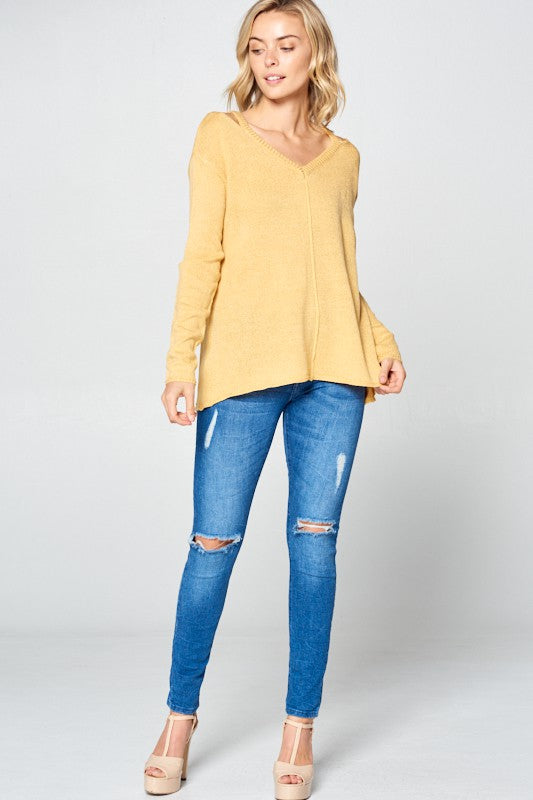 Solid Light Knit V-Neck Cold Shoulder Sweater