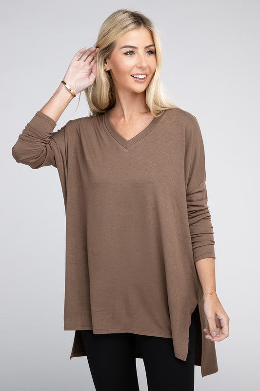 Dolman Long Sleeve V-Neck Side Slit Hi-Low Hem Top king-general-store-5710.myshopify.com